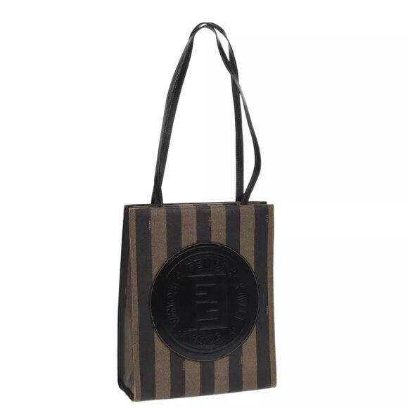 FENDI Pecan Canvas Tote Bag Brown Black gold Auth ep5527 - Picture 1 of 15